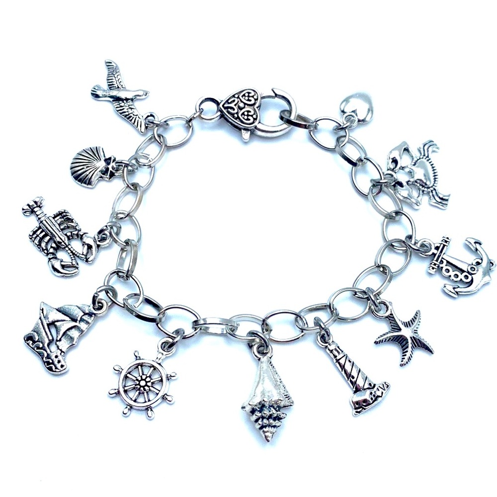 New England Charm Bracelet Lobster Clam Crab Lighthouse Seagull Ship Bea…